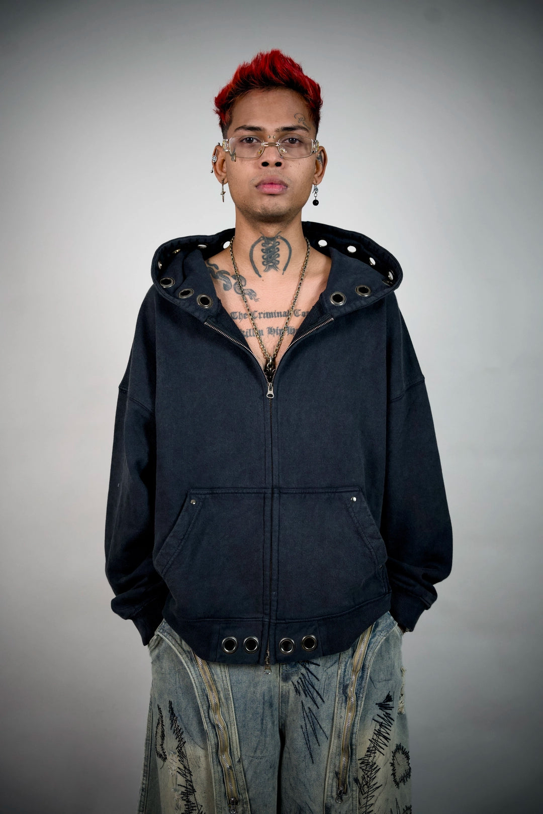 Confession Eyelet Zip Hoodie – Washed Black Grommet Hoodie | Ghetto
