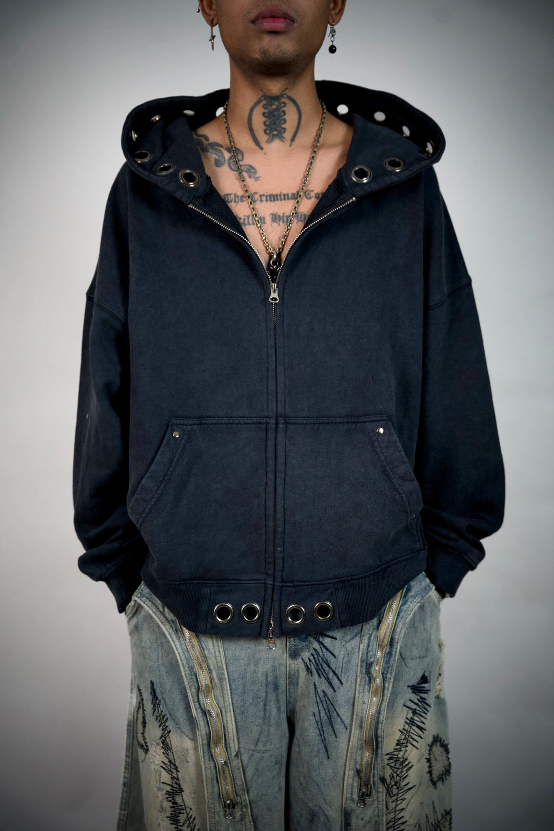 Confession Eyelet Zip Hoodie – Washed Black Grommet Hoodie | Ghetto
