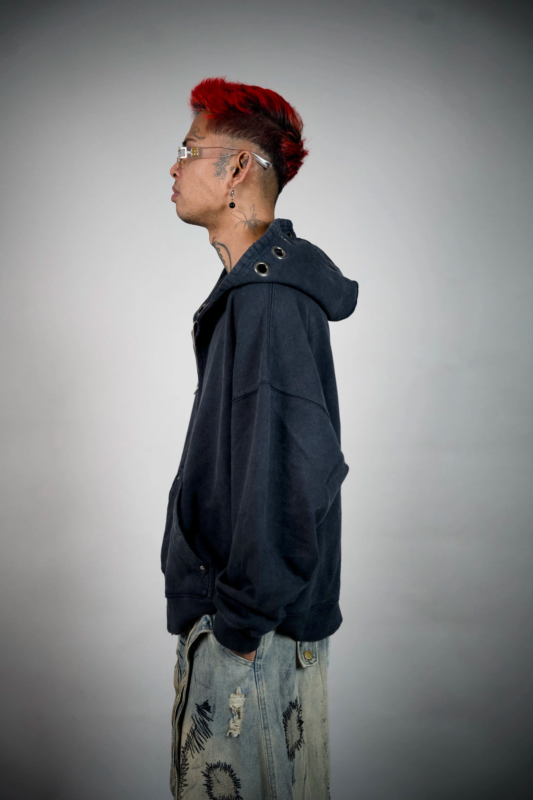 Confession Eyelet Zip Hoodie – Washed Black Grommet Hoodie | Ghetto