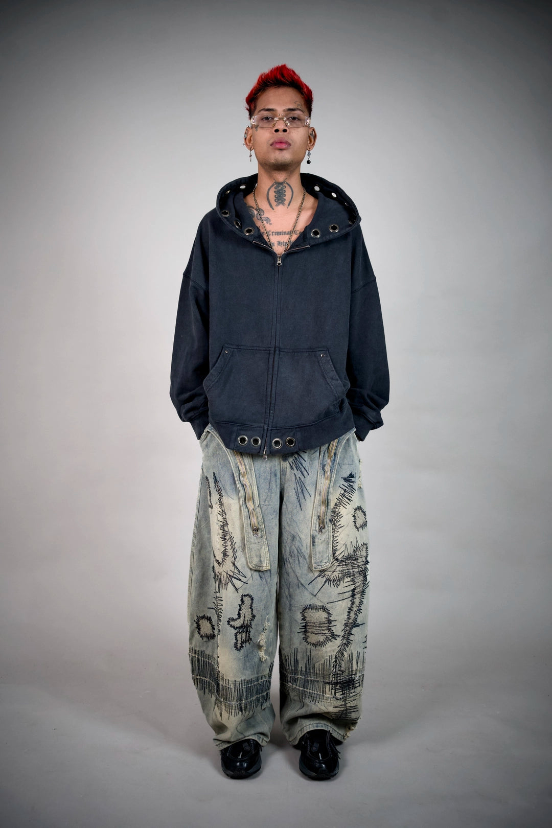 Confession Eyelet Zip Hoodie – Washed Black Grommet Hoodie | Ghetto