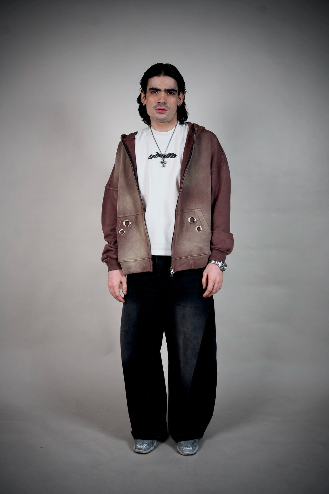 Relic Sun-Faded Brown Zip Hoodie – Eyelet Pocket Streetwear | Ghetto