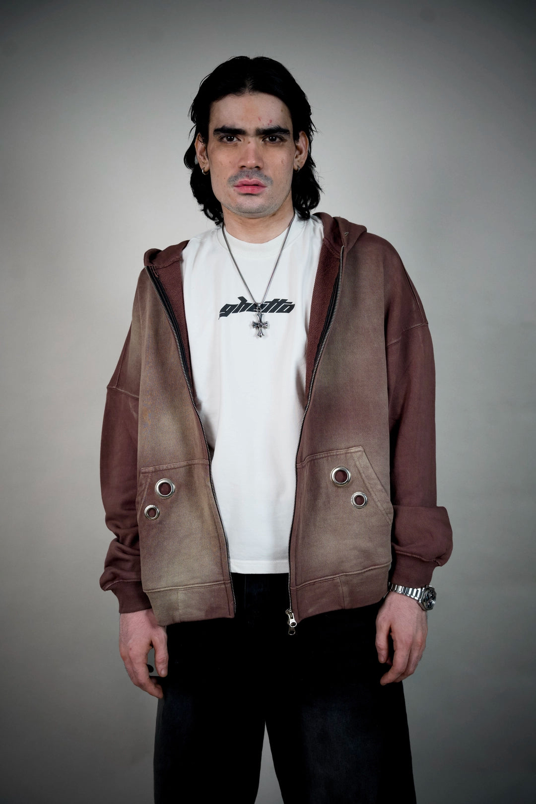 Relic Sun-Faded Brown Zip Hoodie – Eyelet Pocket Streetwear | Ghetto
