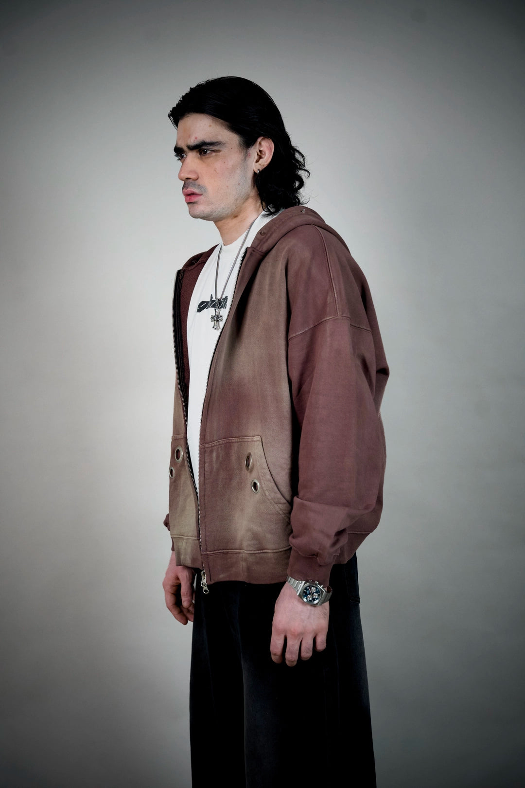 Relic Sun-Faded Brown Zip Hoodie – Eyelet Pocket Streetwear | Ghetto