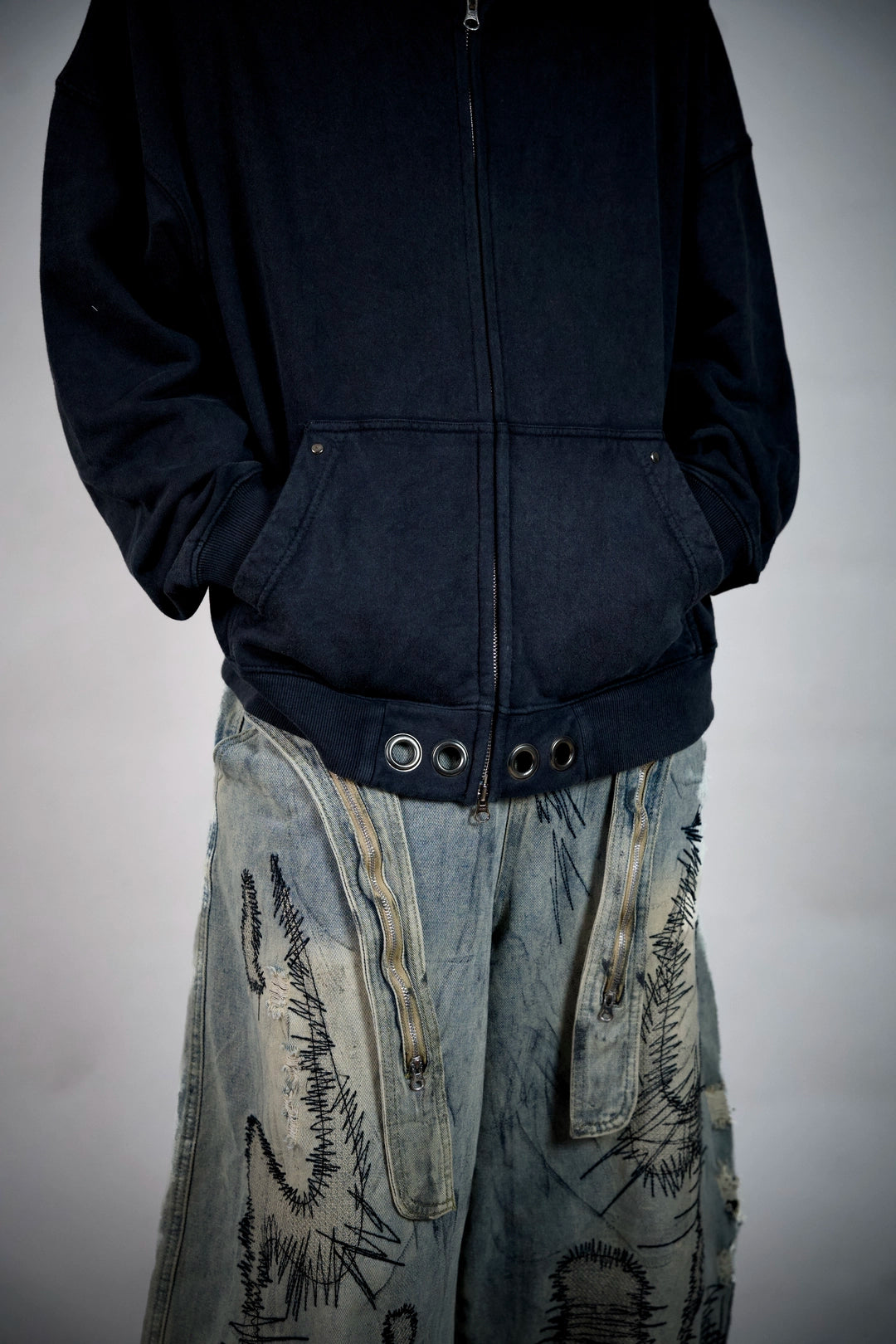 Confession Eyelet Zip Hoodie – Washed Black Grommet Hoodie | Ghetto