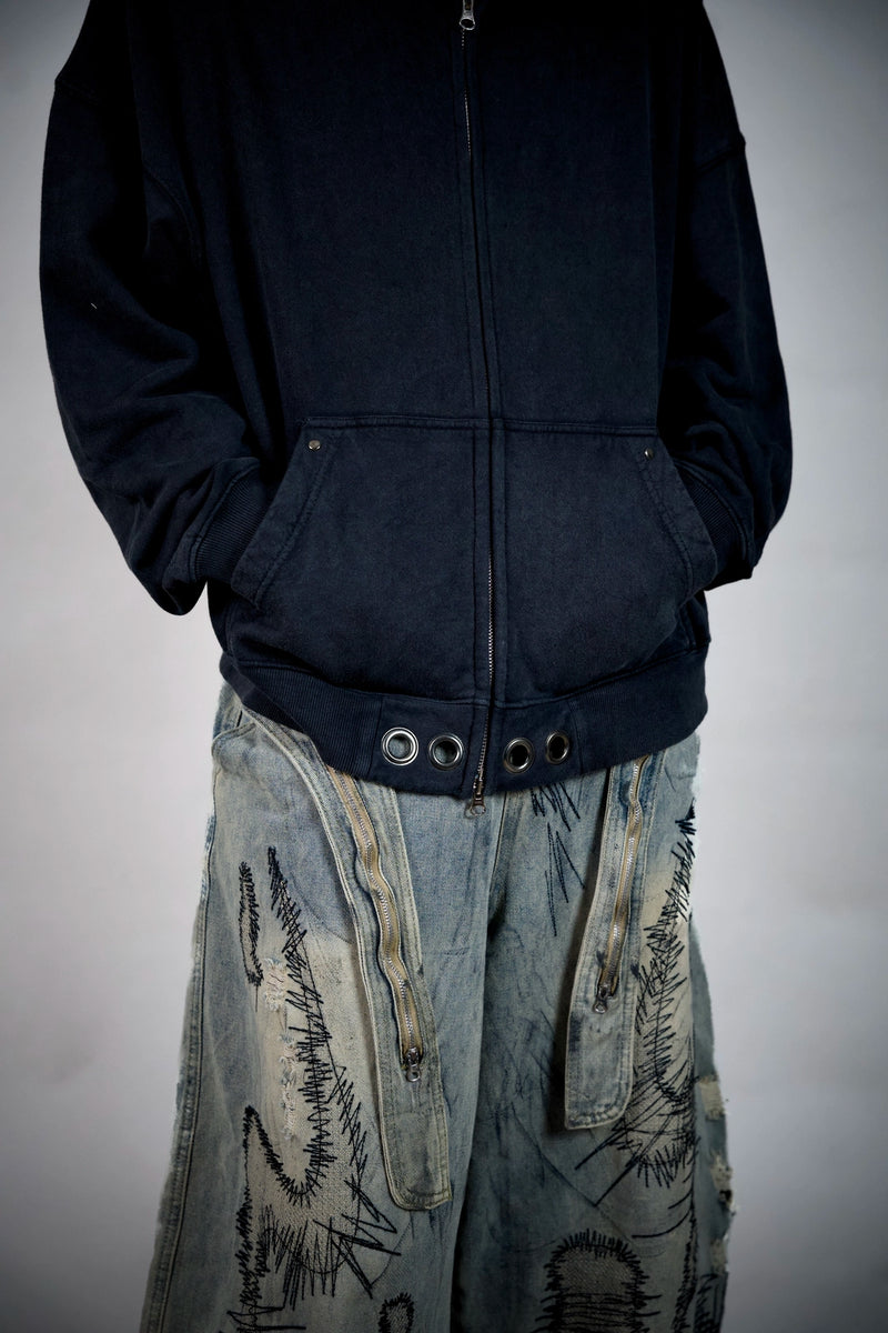 Confession Eyelet Zip Hoodie – Washed Black Grommet Hoodie | Ghetto