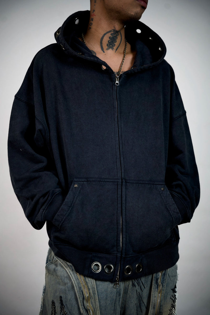 Confession Eyelet Zip Hoodie – Washed Black Grommet Hoodie | Ghetto
