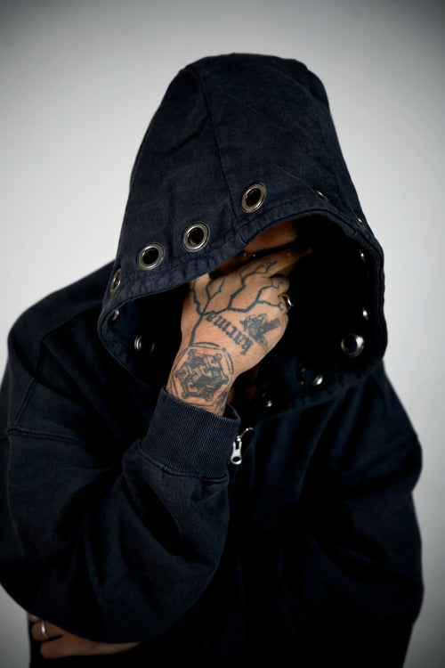 Confession Eyelet Zip Hoodie – Washed Black Grommet Hoodie | Ghetto