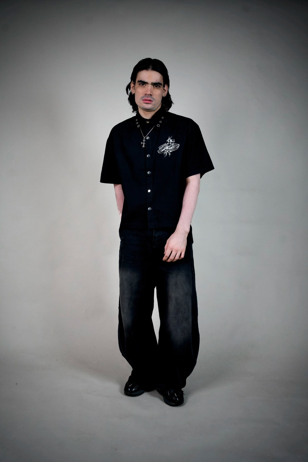 Ghetto Goth Shirt – Black Boxy Snap-Button Shirt with Gothic Script | Ghetto