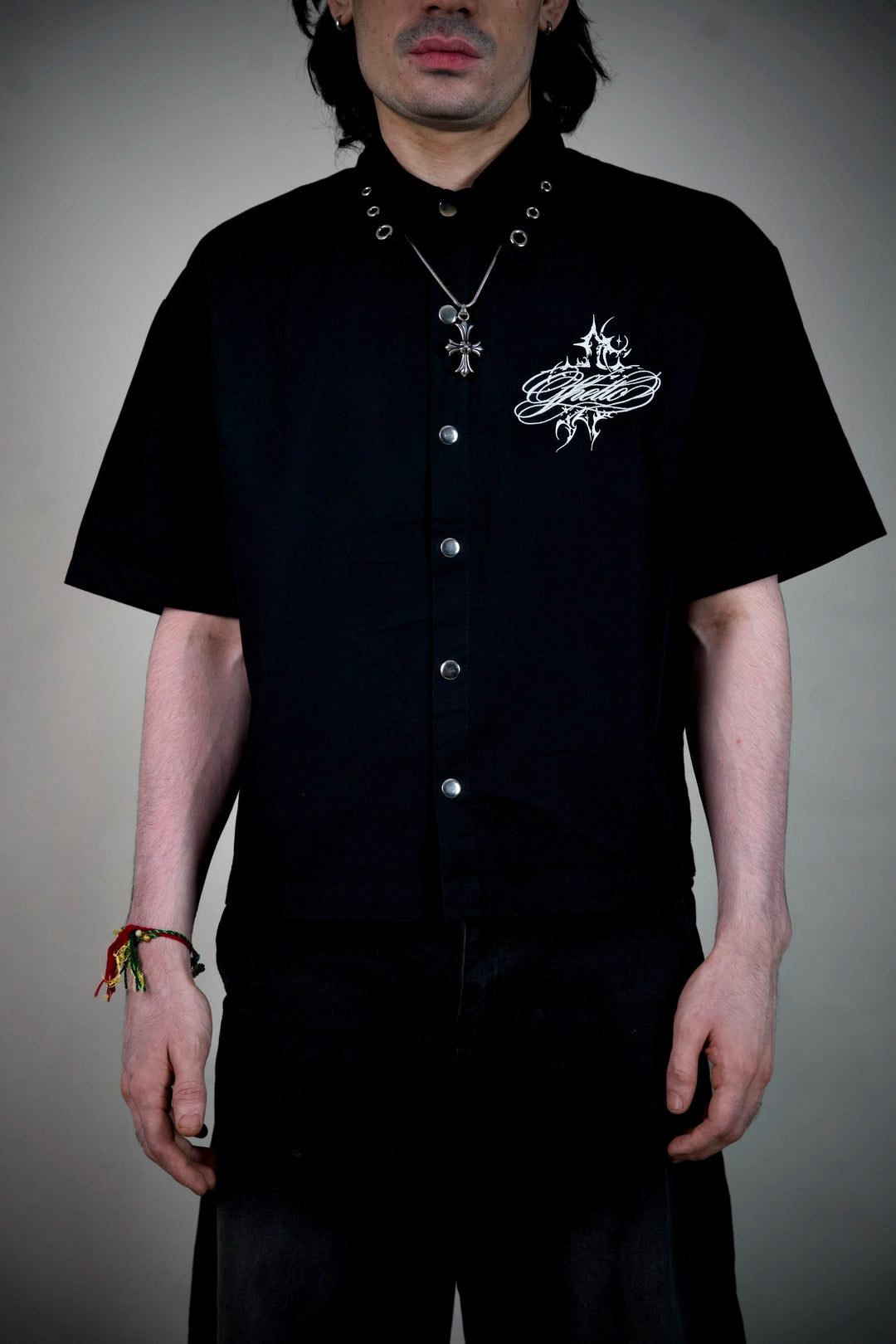 Ghetto Goth Shirt – Black Boxy Snap-Button Shirt with Gothic Script | Ghetto