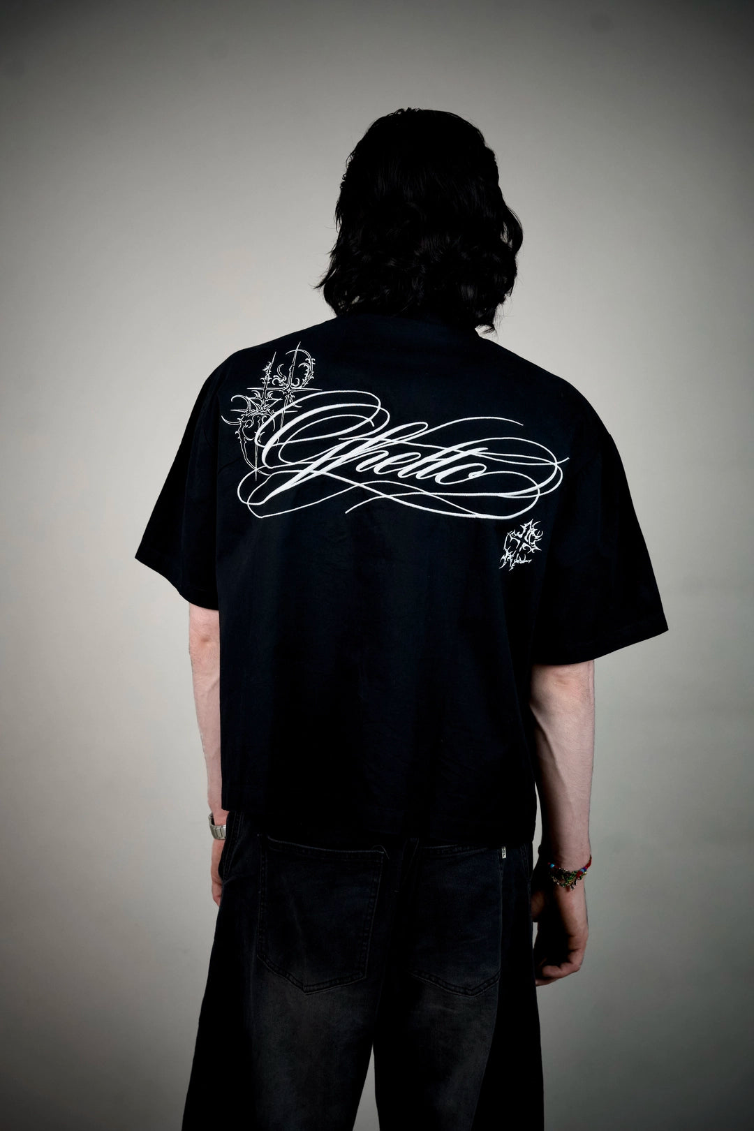 Ghetto Goth Shirt – Black Boxy Snap-Button Shirt with Gothic Script | Ghetto