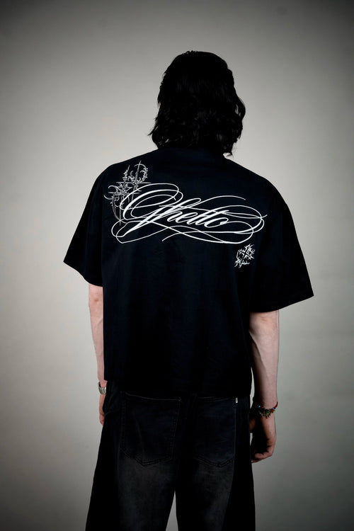 Ghetto Goth Shirt – Black Boxy Snap-Button Shirt with Gothic Script | Ghetto