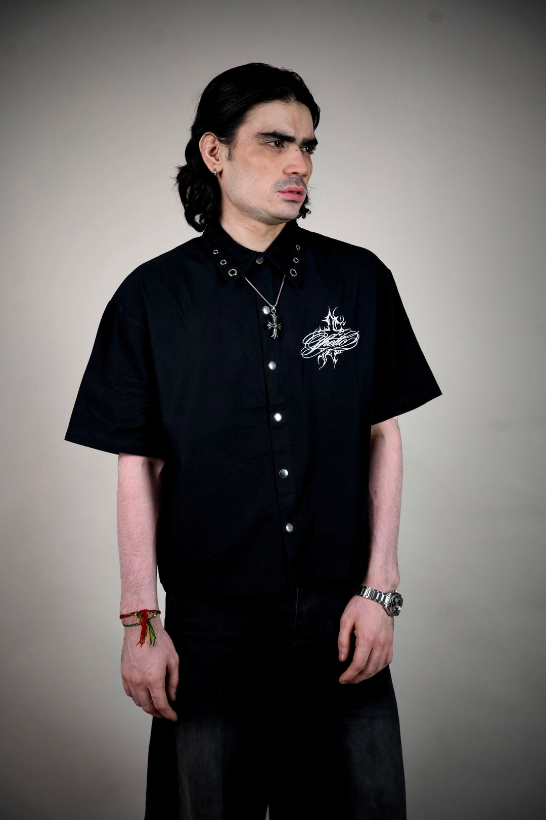 Ghetto Goth Shirt – Black Boxy Snap-Button Shirt with Gothic Script | Ghetto