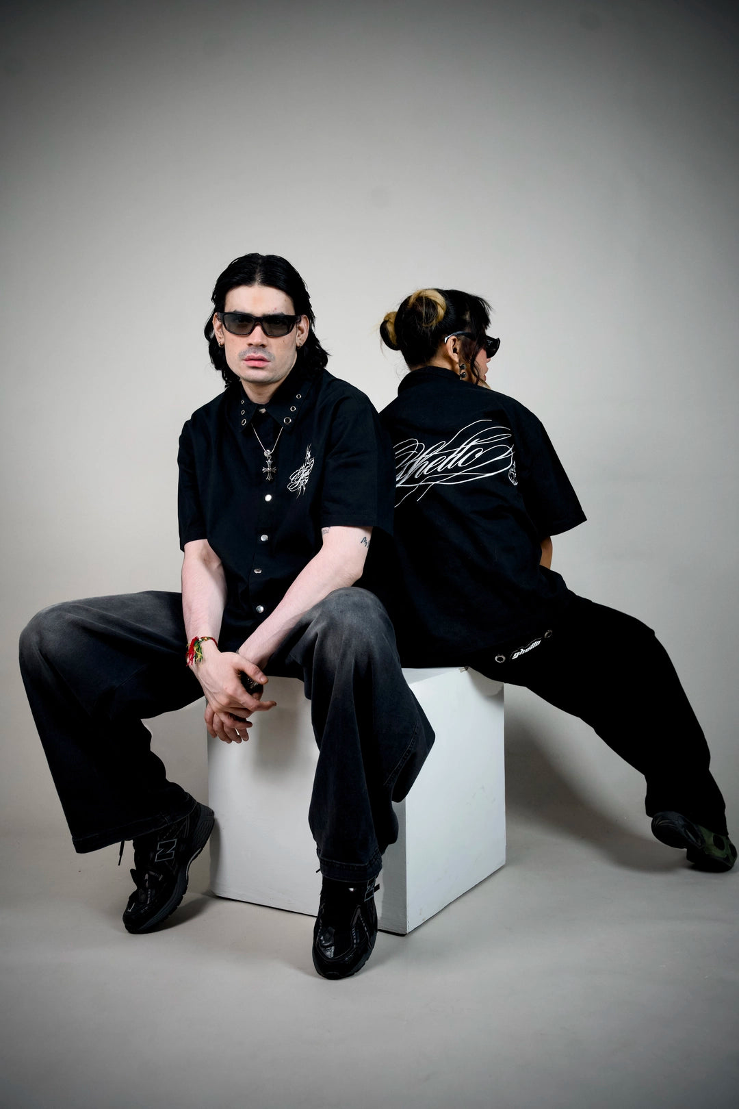 Ghetto Goth Shirt – Black Boxy Snap-Button Shirt with Gothic Script | Ghetto