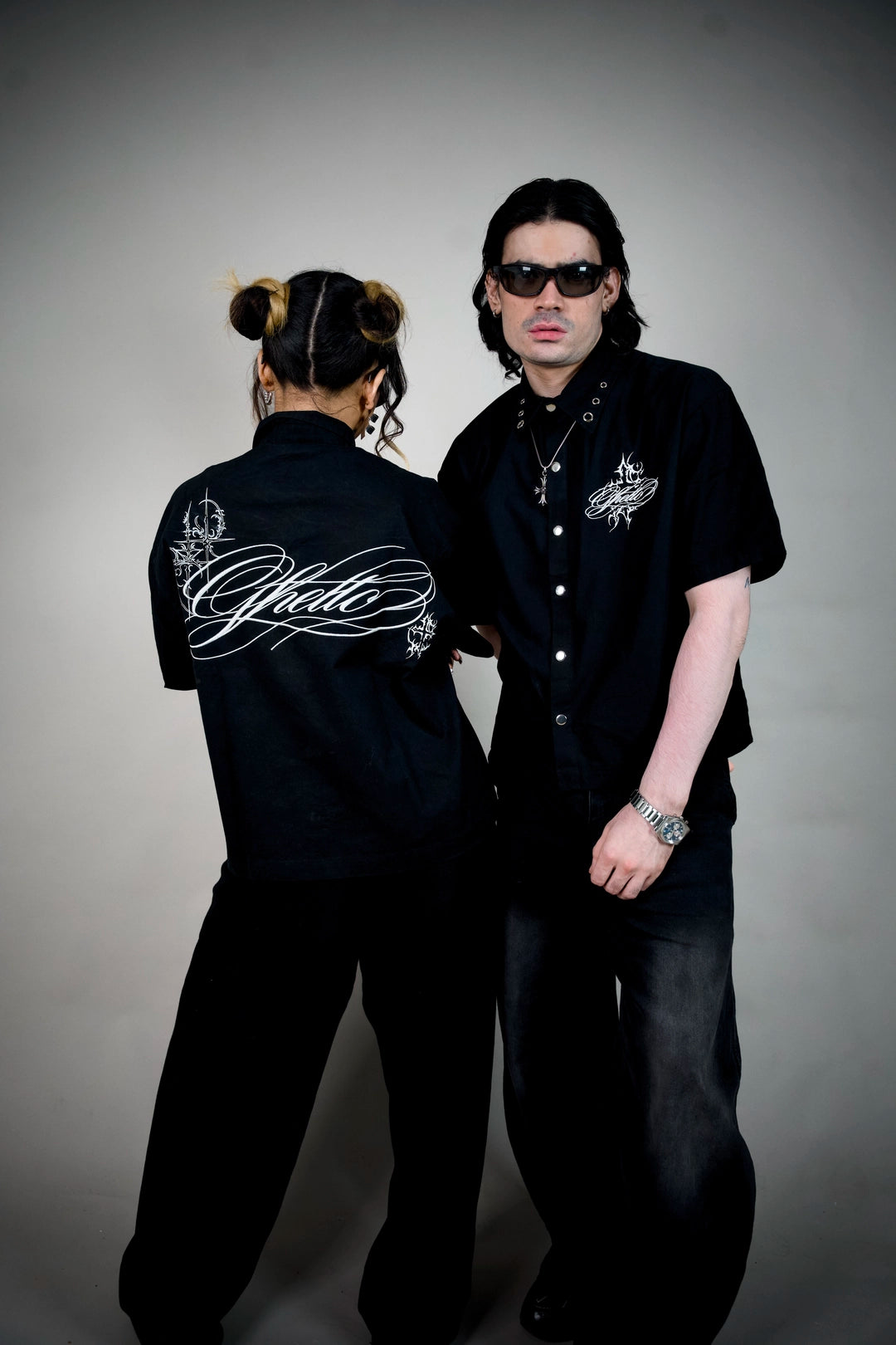 Ghetto Goth Shirt – Black Boxy Snap-Button Shirt with Gothic Script | Ghetto