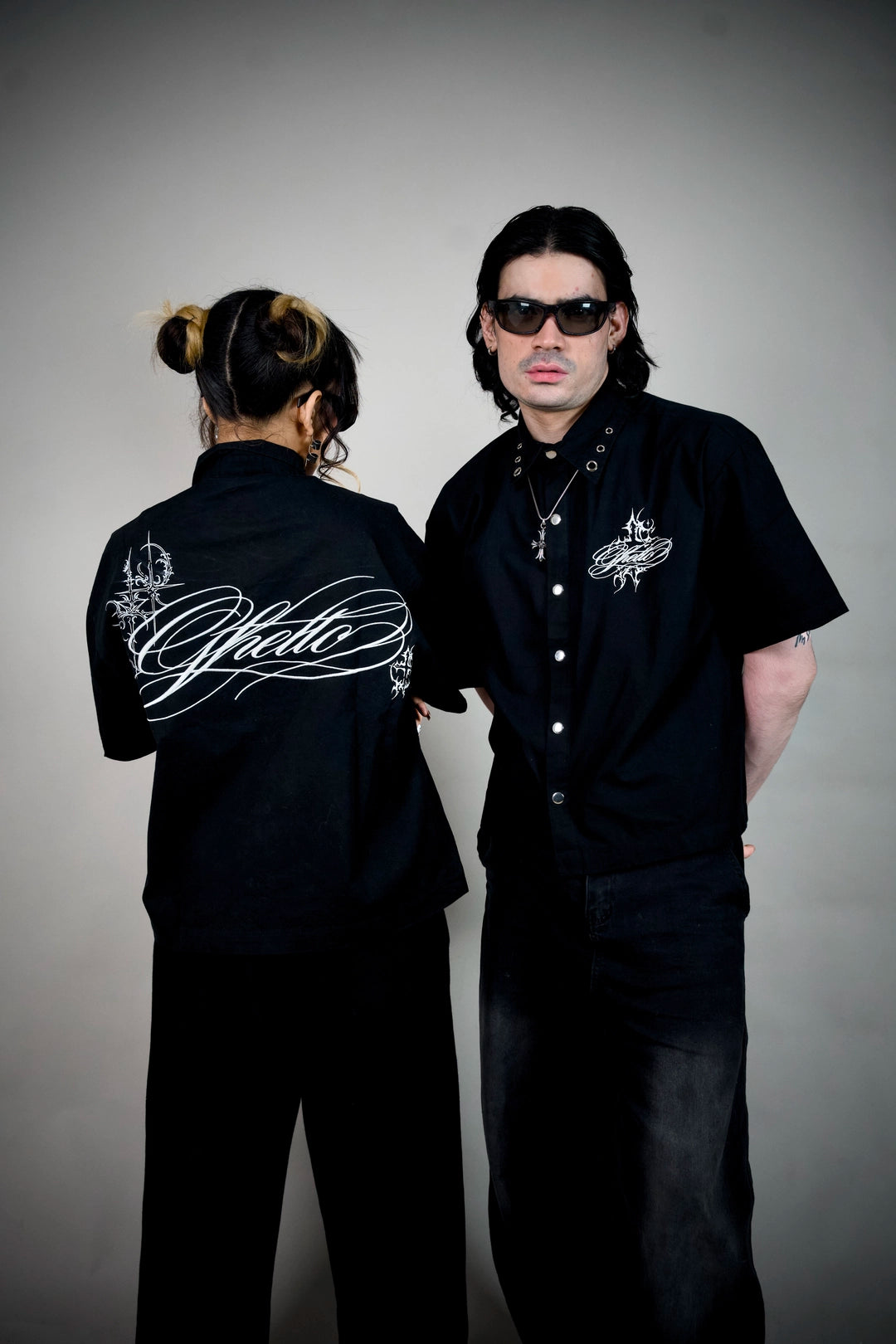 Ghetto Goth Shirt – Black Boxy Snap-Button Shirt with Gothic Script | Ghetto